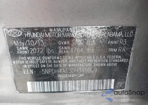 2013 Hyundai Elantra Gls from USA, damaged, VIN 5NPDH4AE3DH345009